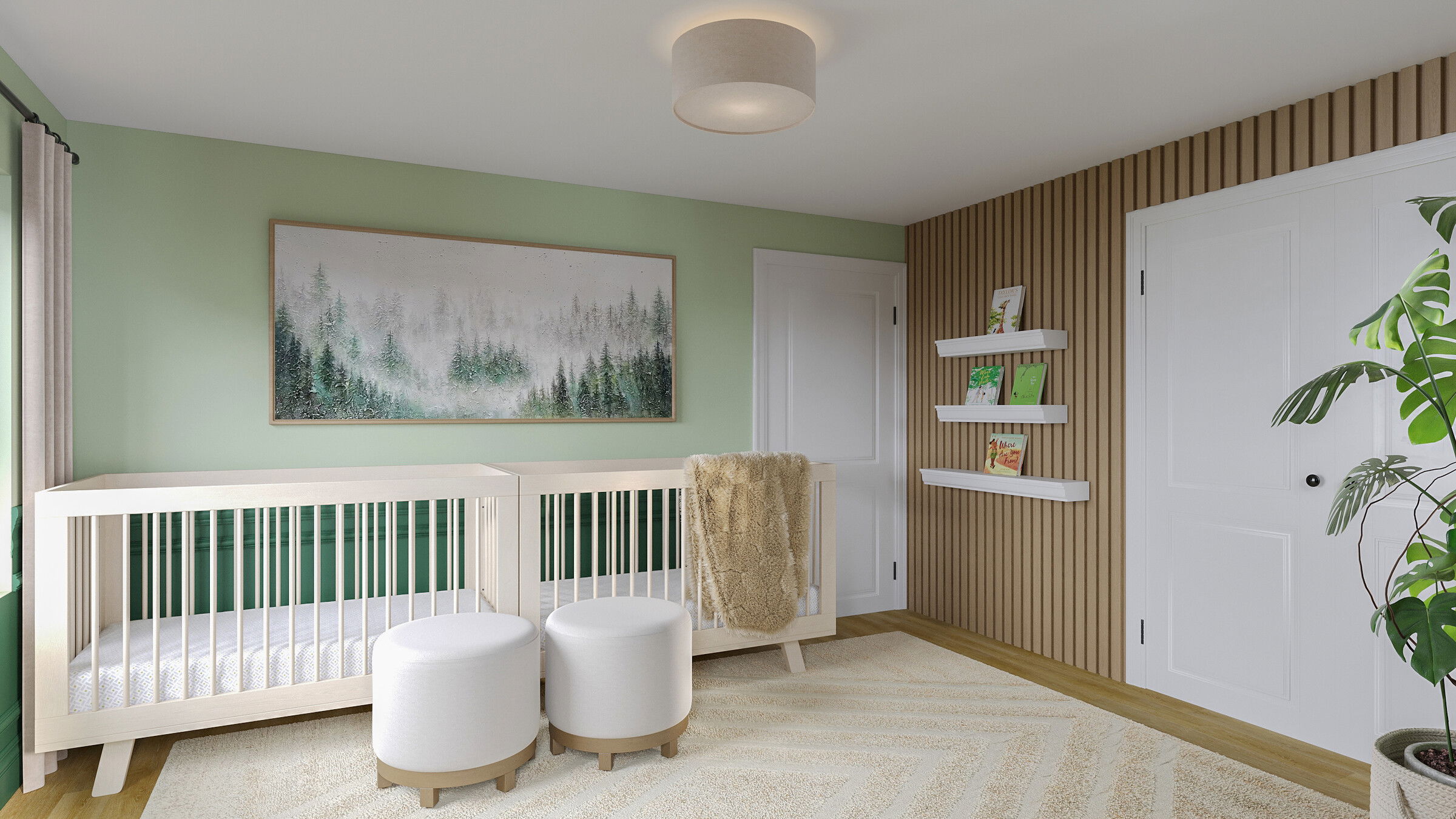 Adorable Green Twins Nursery Design Rendering thumb