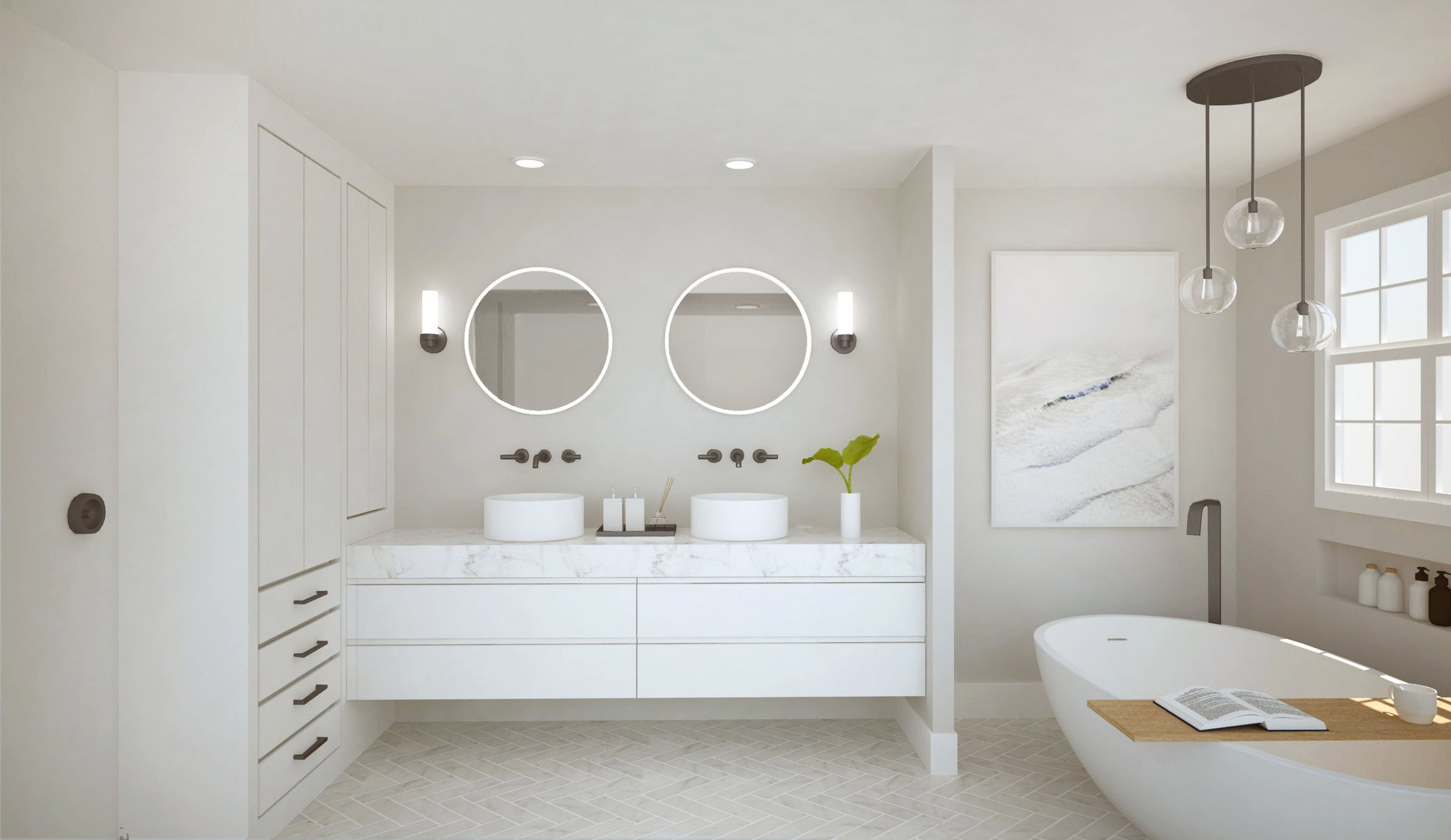Renderizado de Idea de Remodelación de Baño Blanco Contemporáneo