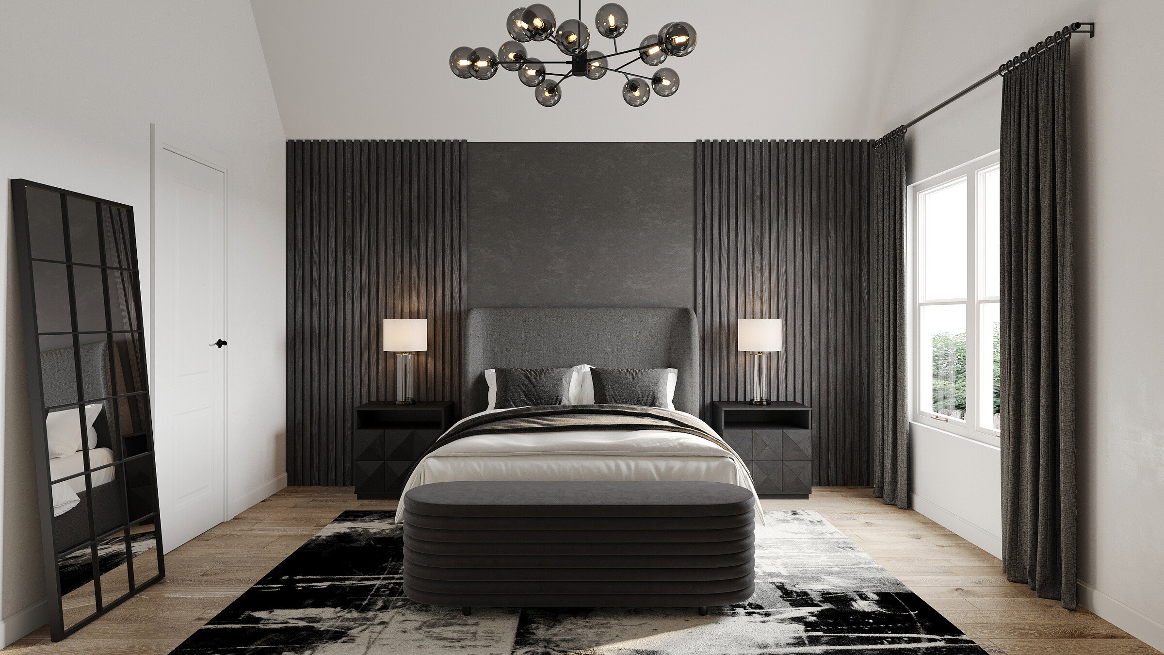 Renderizado de remodelación de diseño de casa sofisticado en blanco y negro