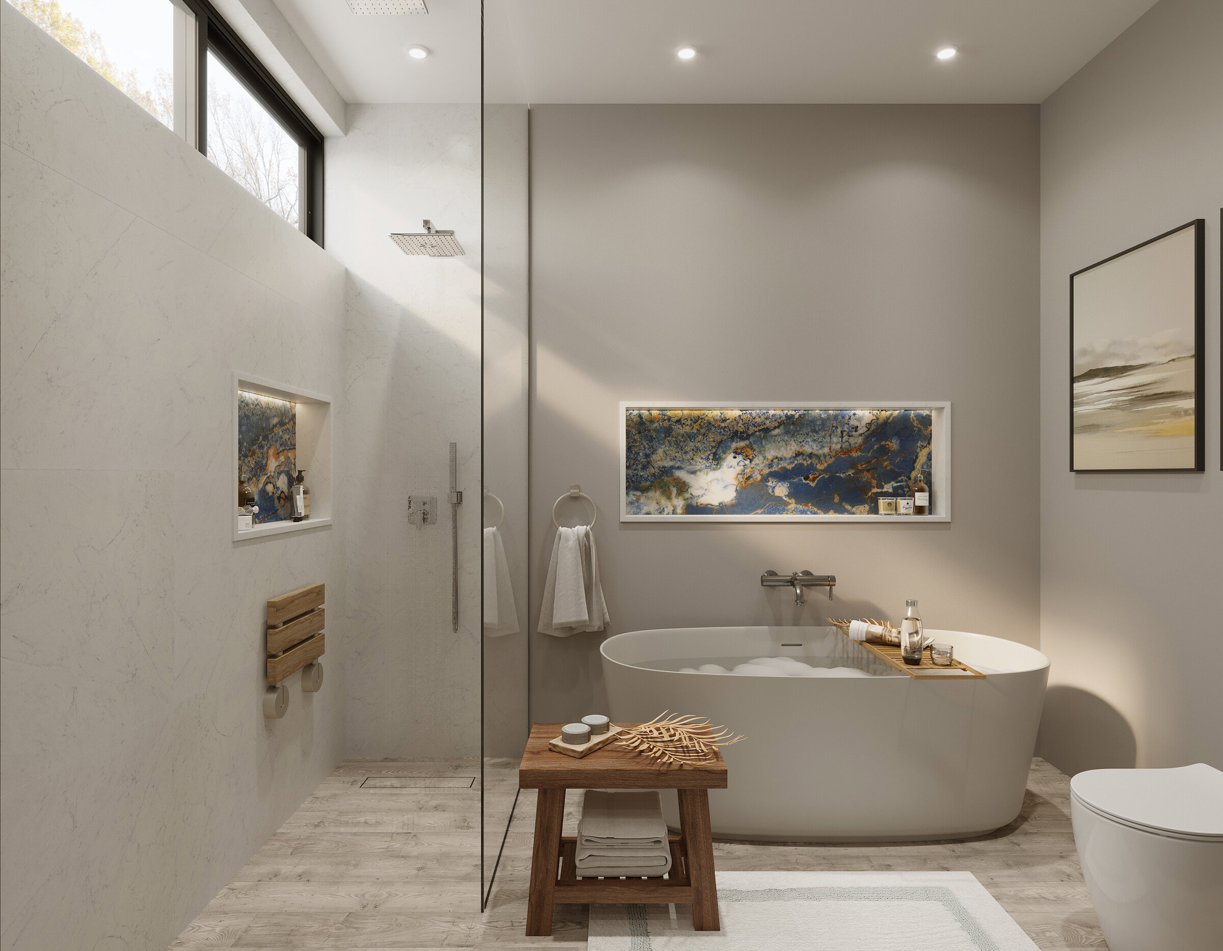 Renderizado de Diseño de Interior de Baño Principal Transicional