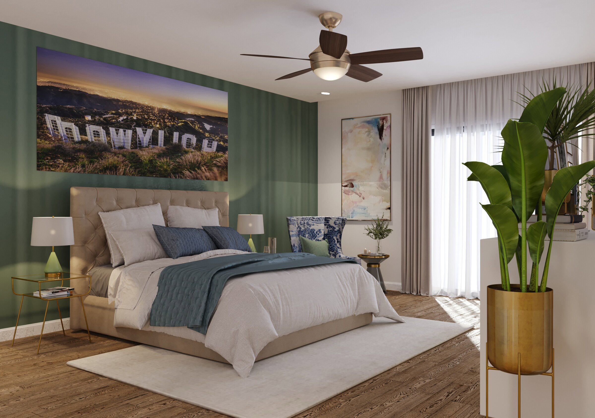 Renderizado del Diseño de Interiores para un Dormitorio Ecléctico Artístico