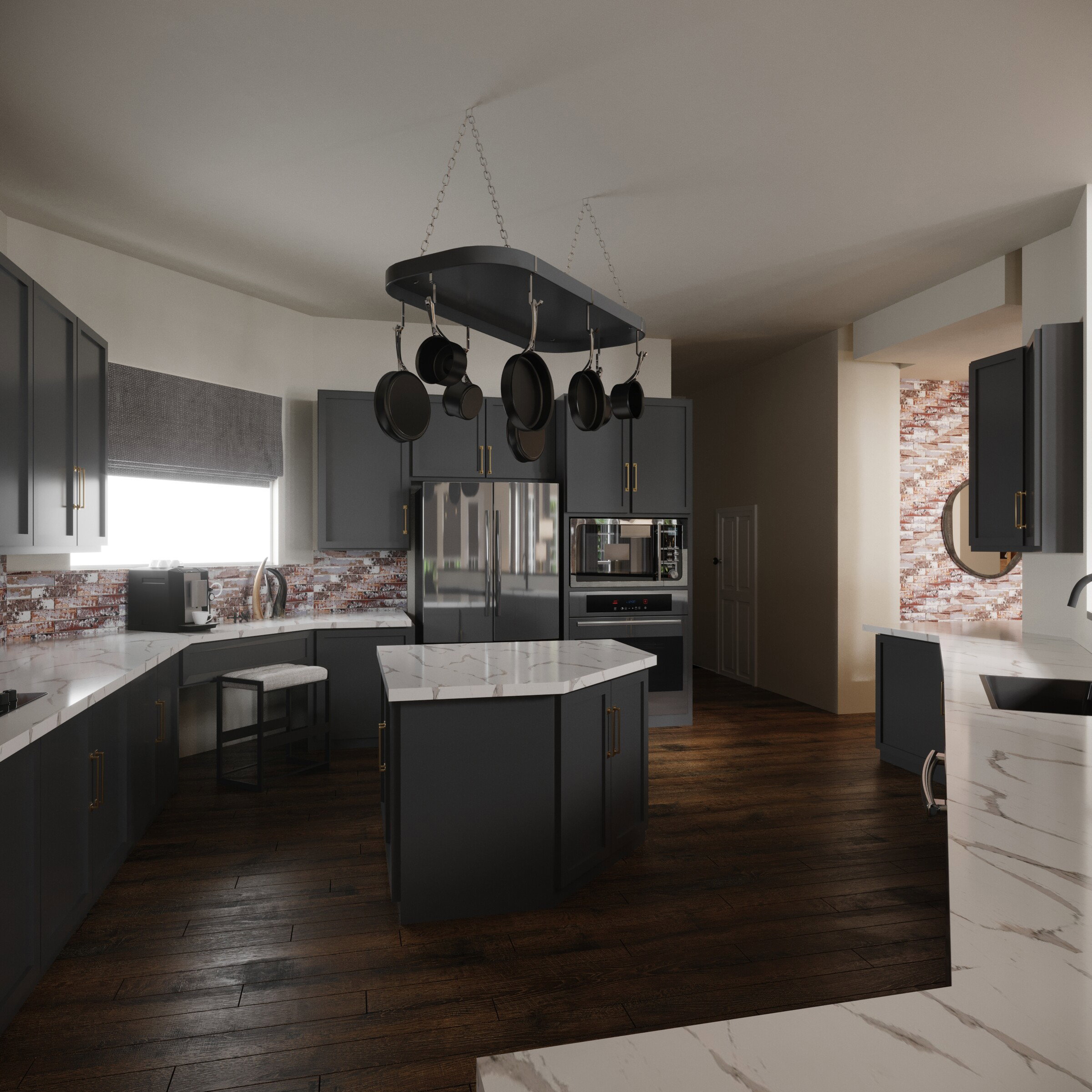 Renderizado de Diseño Industrial de Casa con Techos Altos y Brillantes