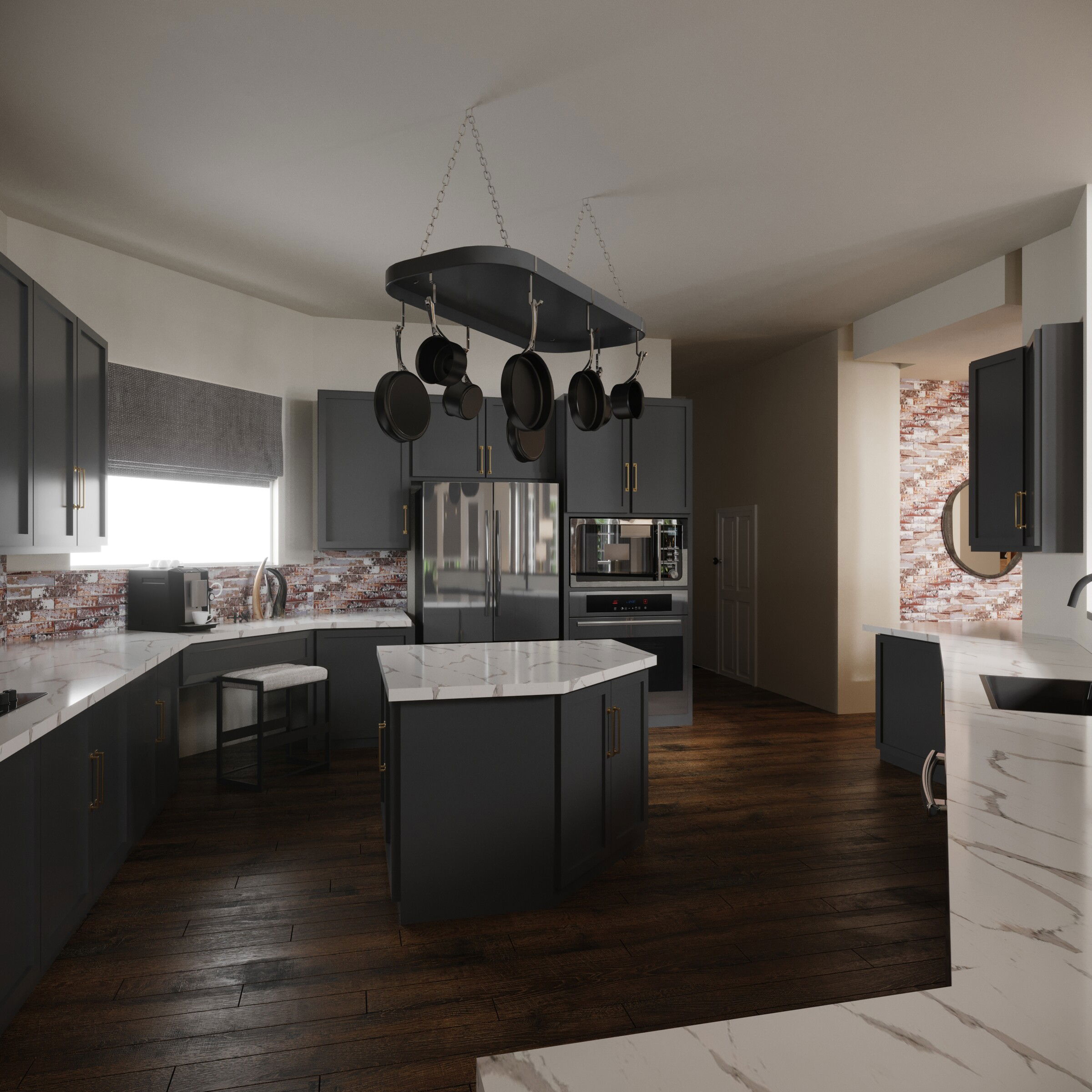 Renderizado de Diseño Industrial de Casa con Techos Altos y Brillantes