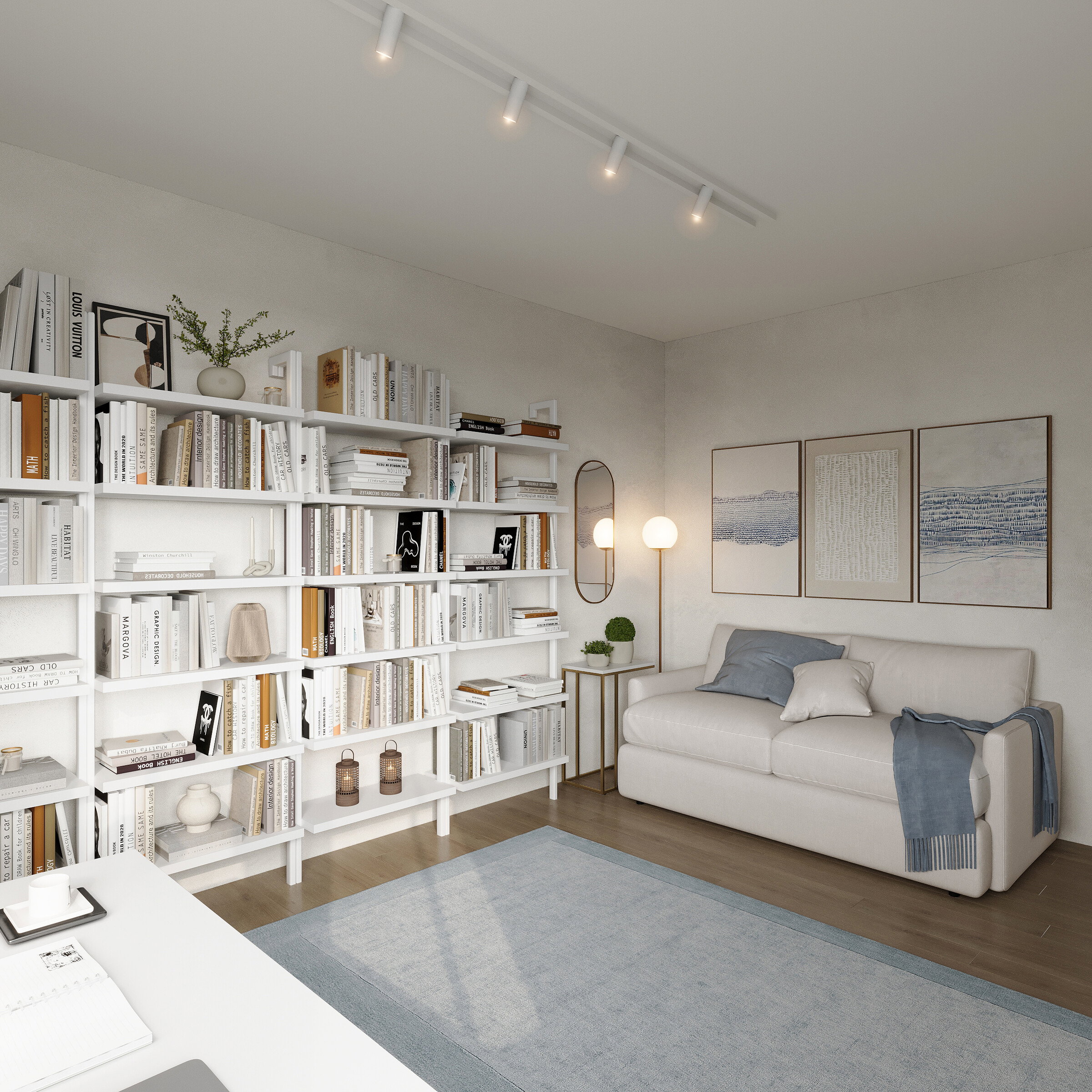 Renderización de la renovación de apartamento de minimalismo sereno