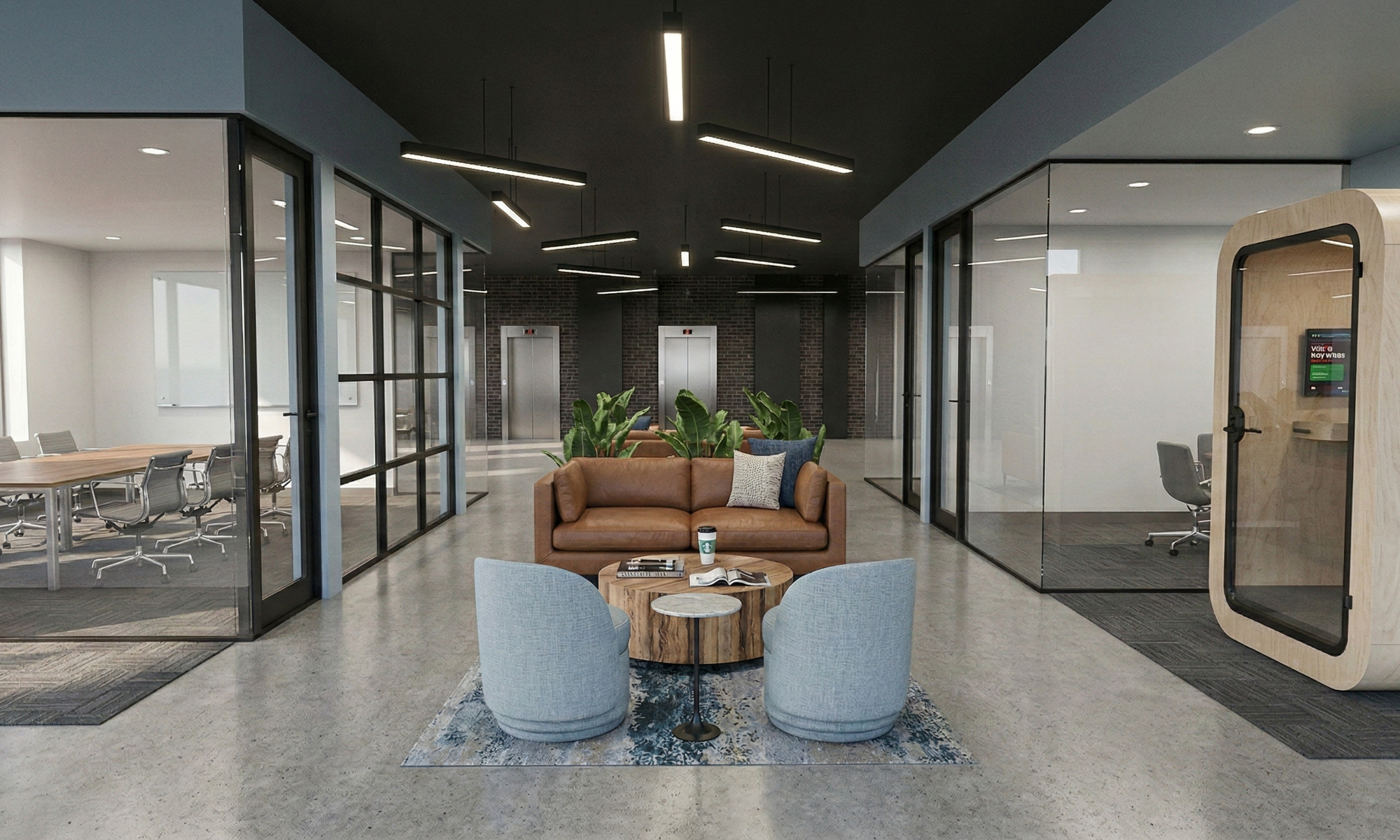 Modern Office Lobby Design with Industrial Touches by affordable Boca Raton interior designers