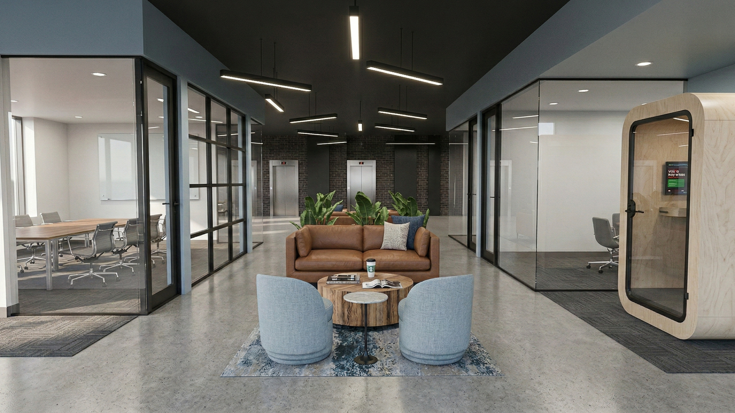Modern Office Lobby Design with Industrial Touches by interior designers in West Palm Beach, Florida