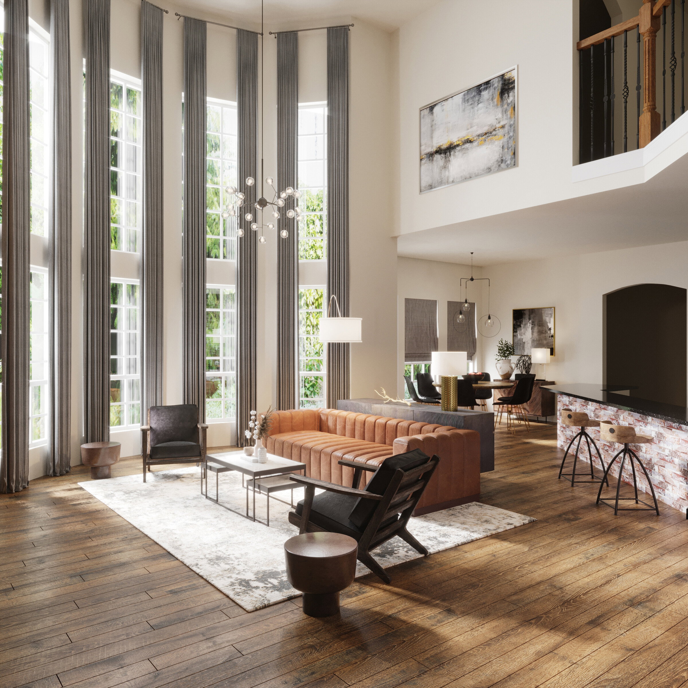 Renderizado de Diseño Industrial de Casa con Techos Altos y Brillantes