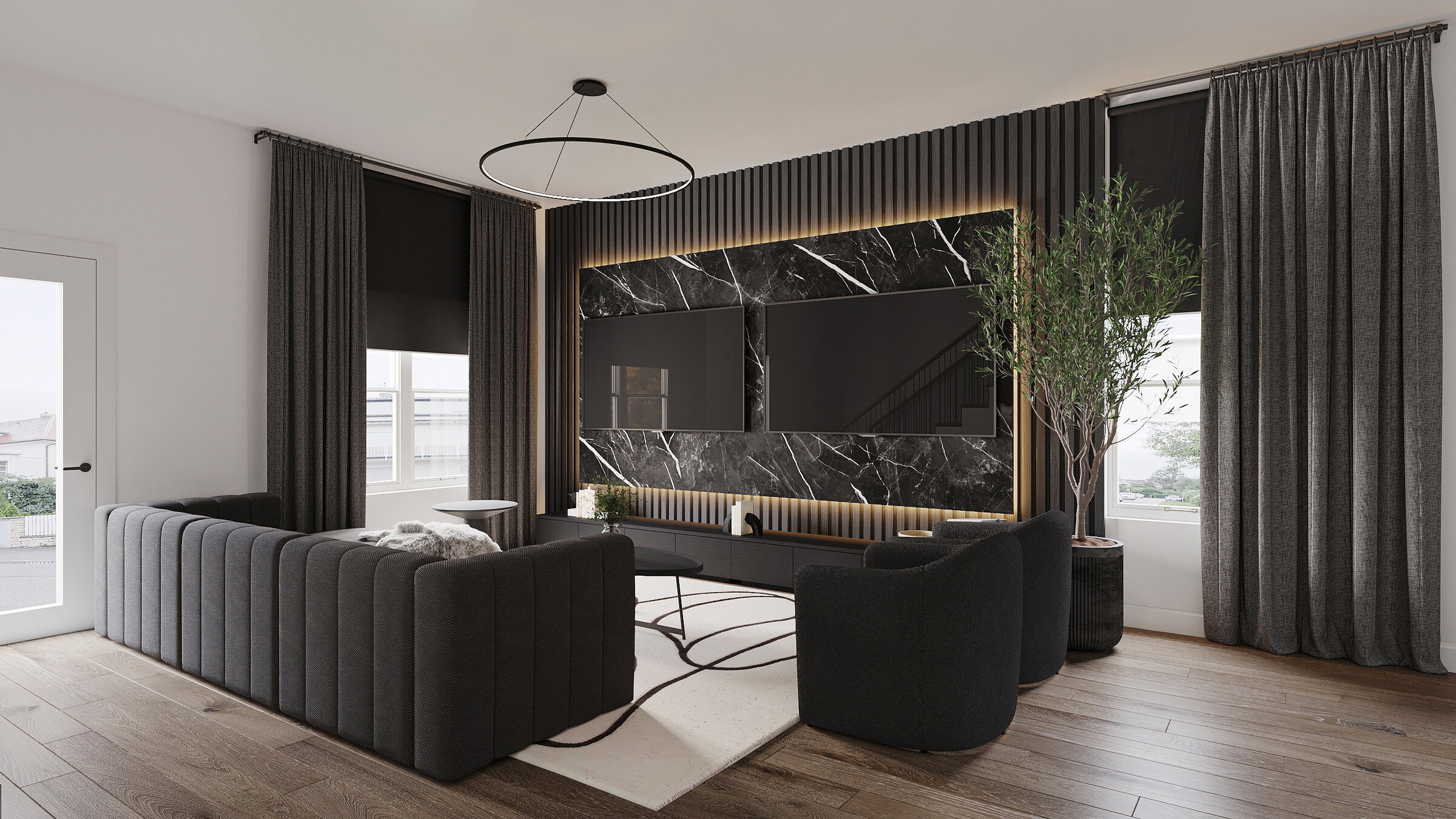 Renderizado de remodelación de diseño de casa sofisticado en blanco y negro