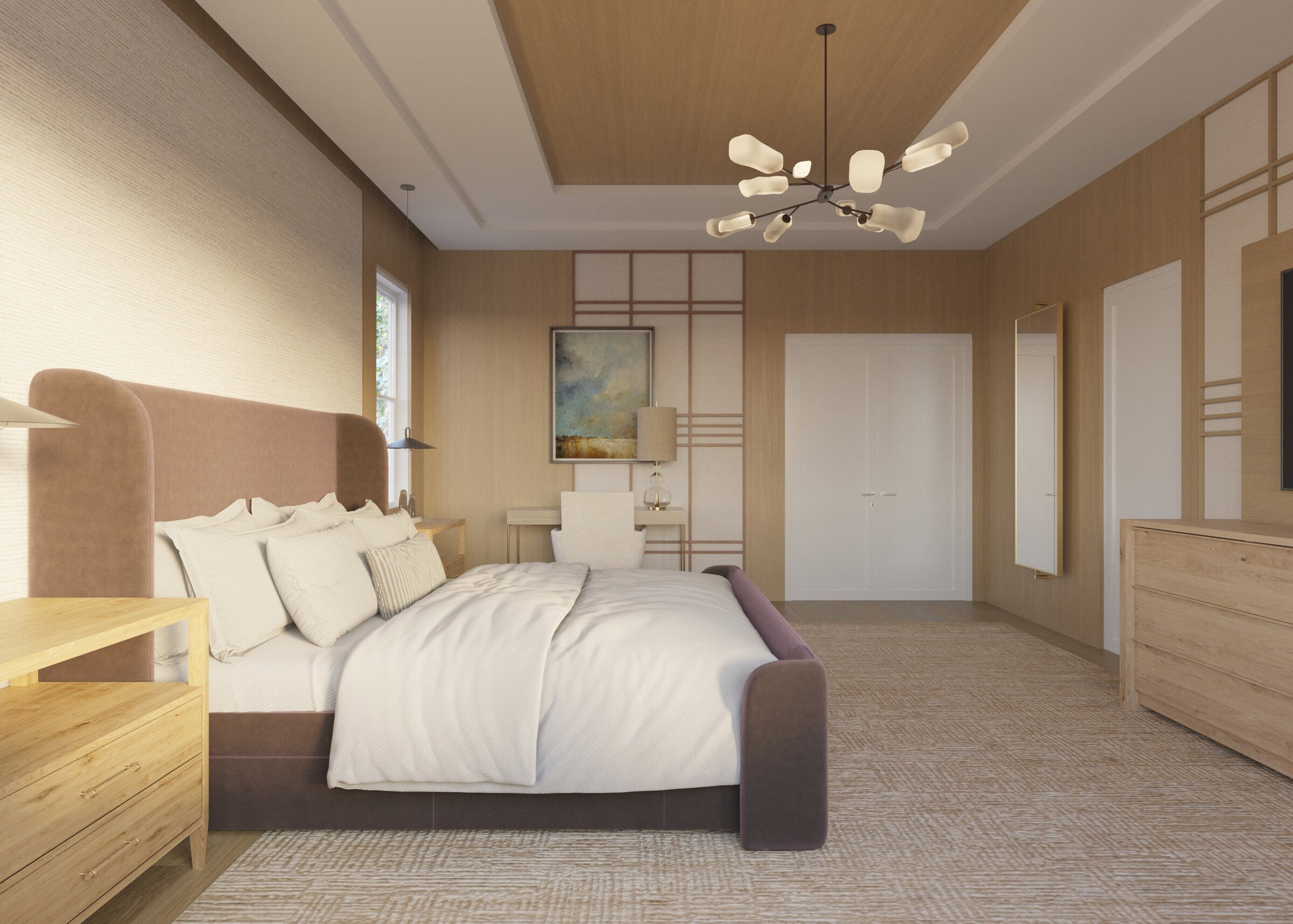 Modern Transitional Bedroom Design with Natural Tones Rendering thumb