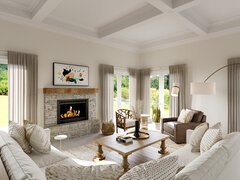 Coastal Living & Dining with Stone Fireplace Rendering thumb