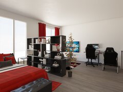 Black & Red Modern Studio Apartment Design Rendering thumb