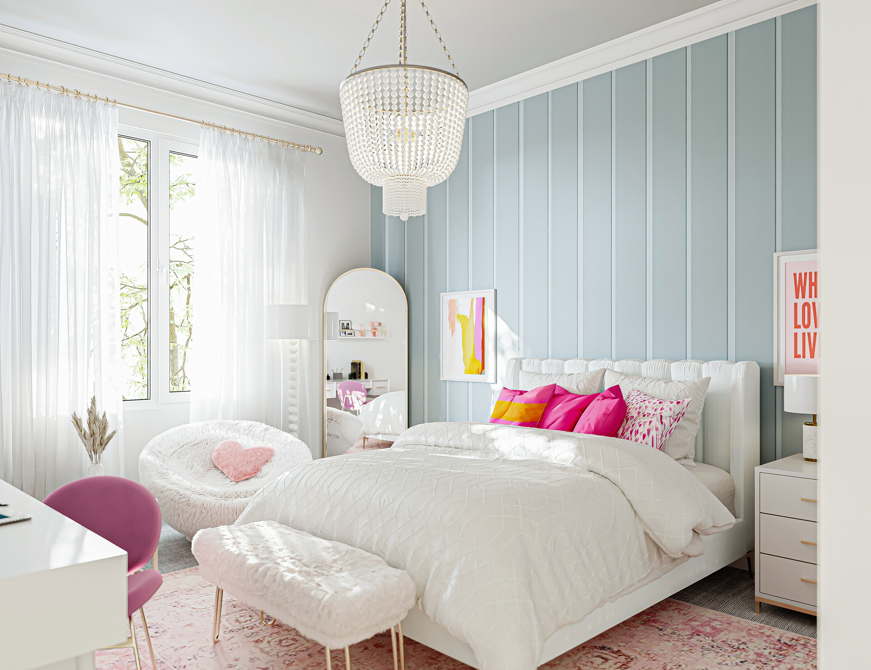 Renderizado de Dormitorio Neutro Femenino con Toques de Rosa