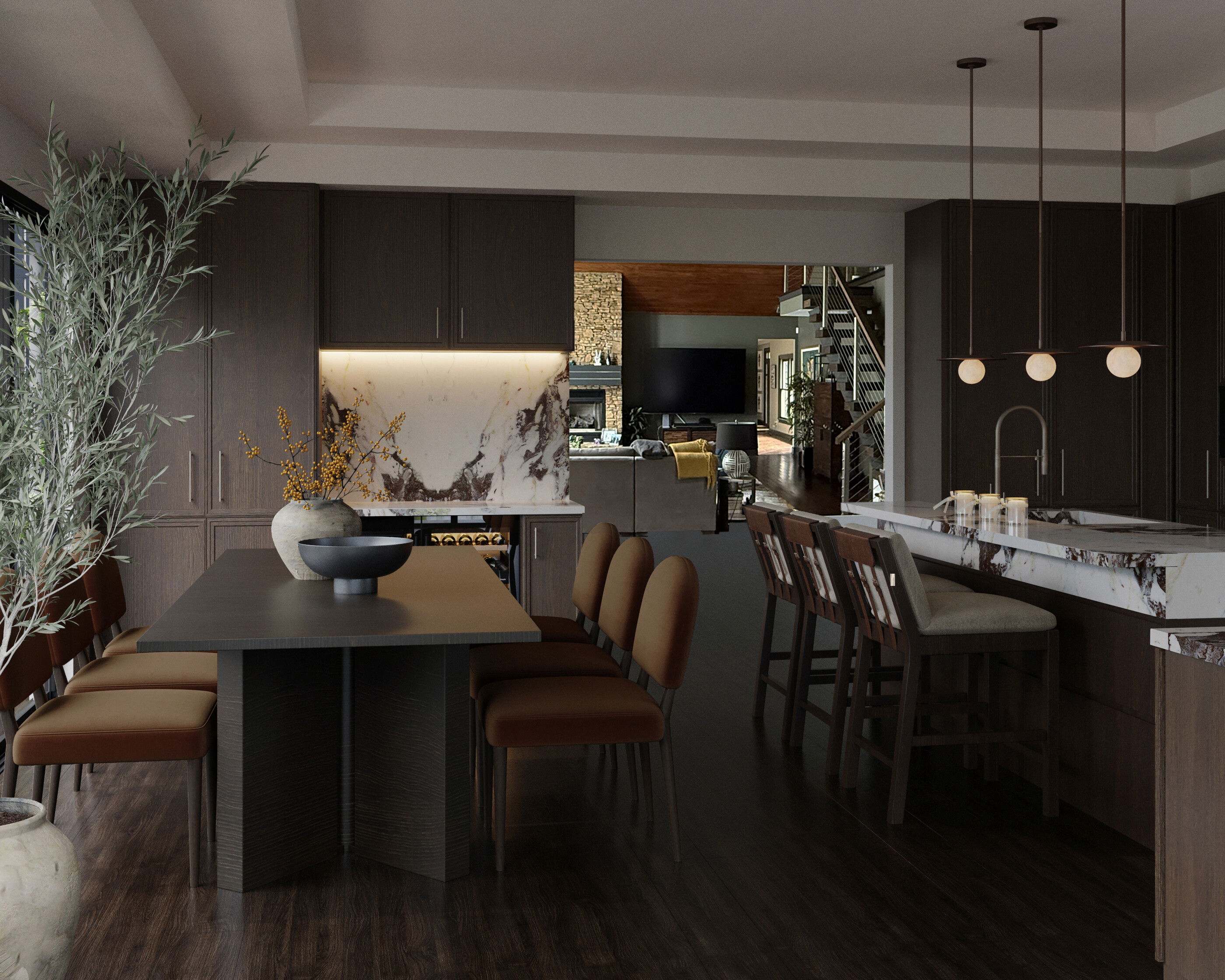 Warm Minimalist Marble Kitchen Renovation Rendering thumb