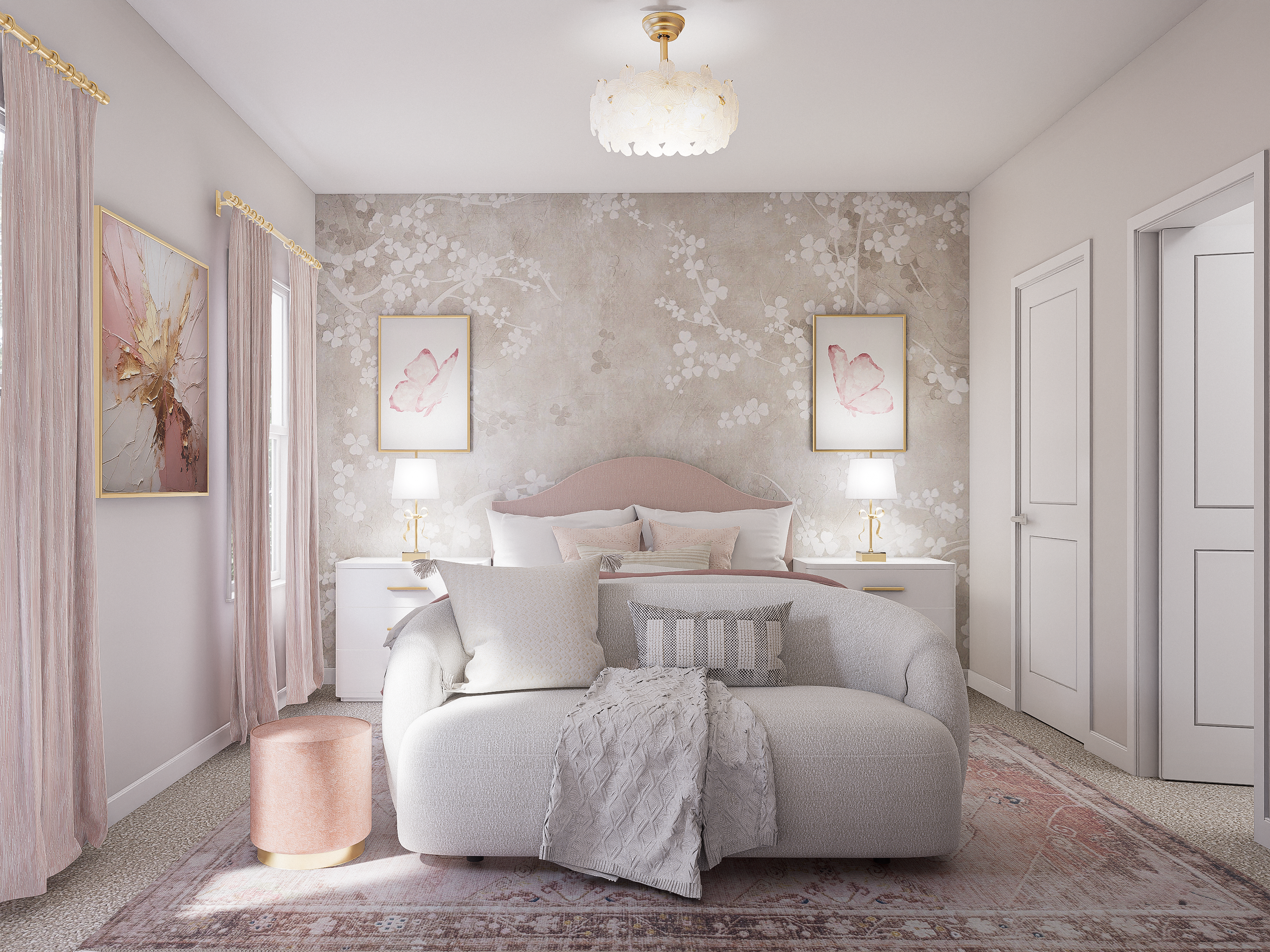 Renderizado de renovación de dormitorio glamuroso y sofisticado