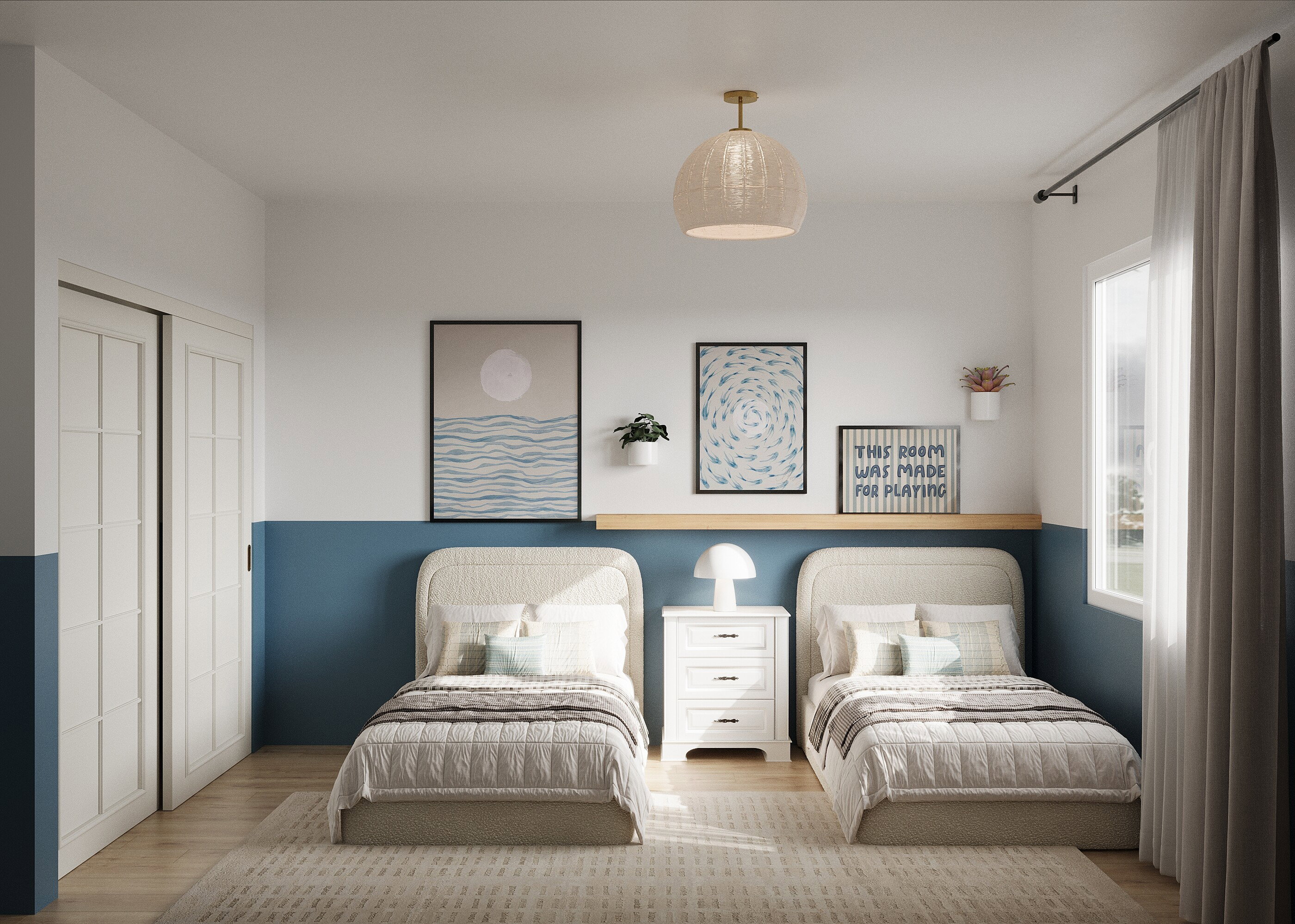 Renderización de la renovación de dormitorios costeros modernos y serenos