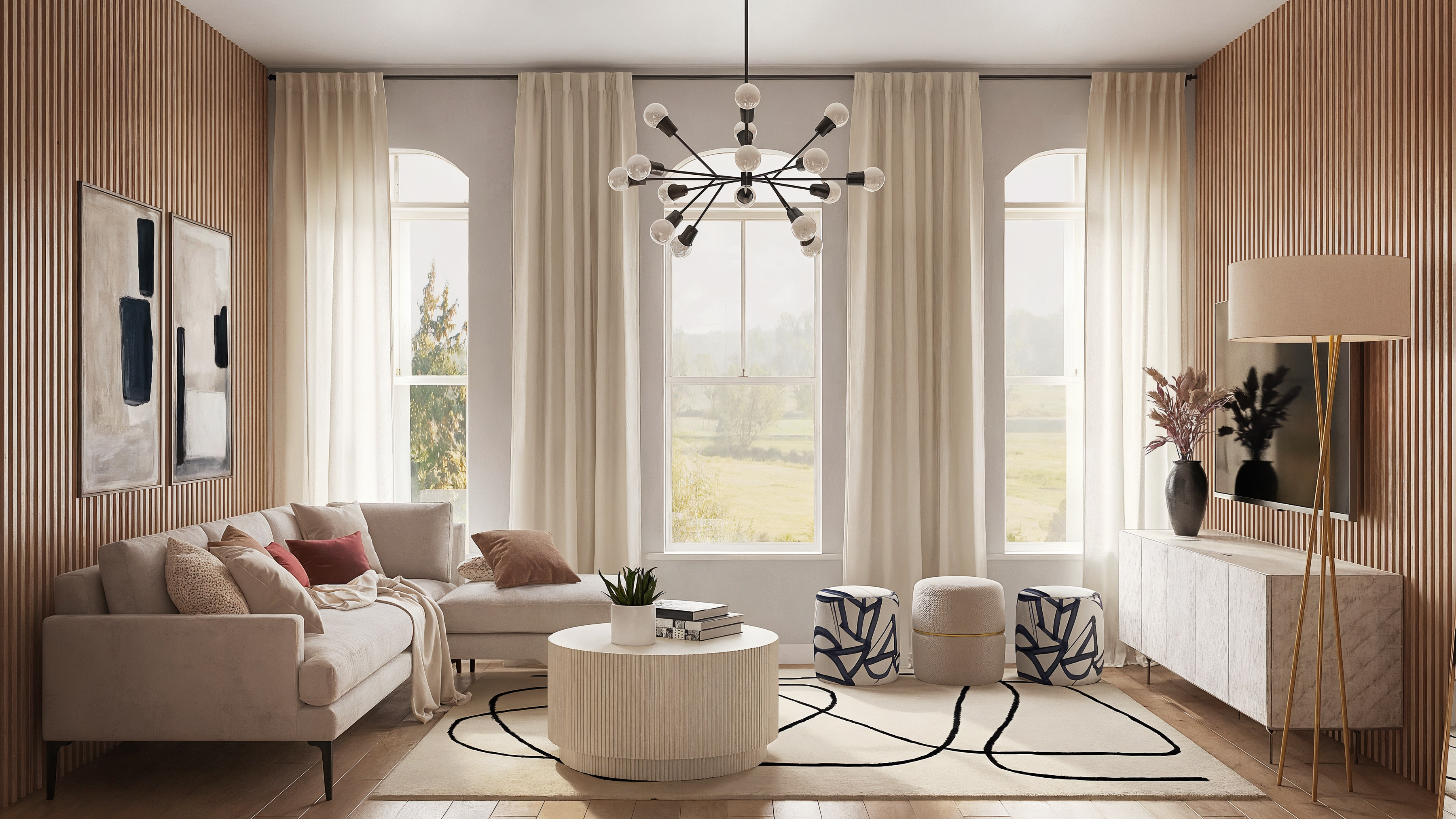 Neutral Living Room with Pop of Color Rendering thumb