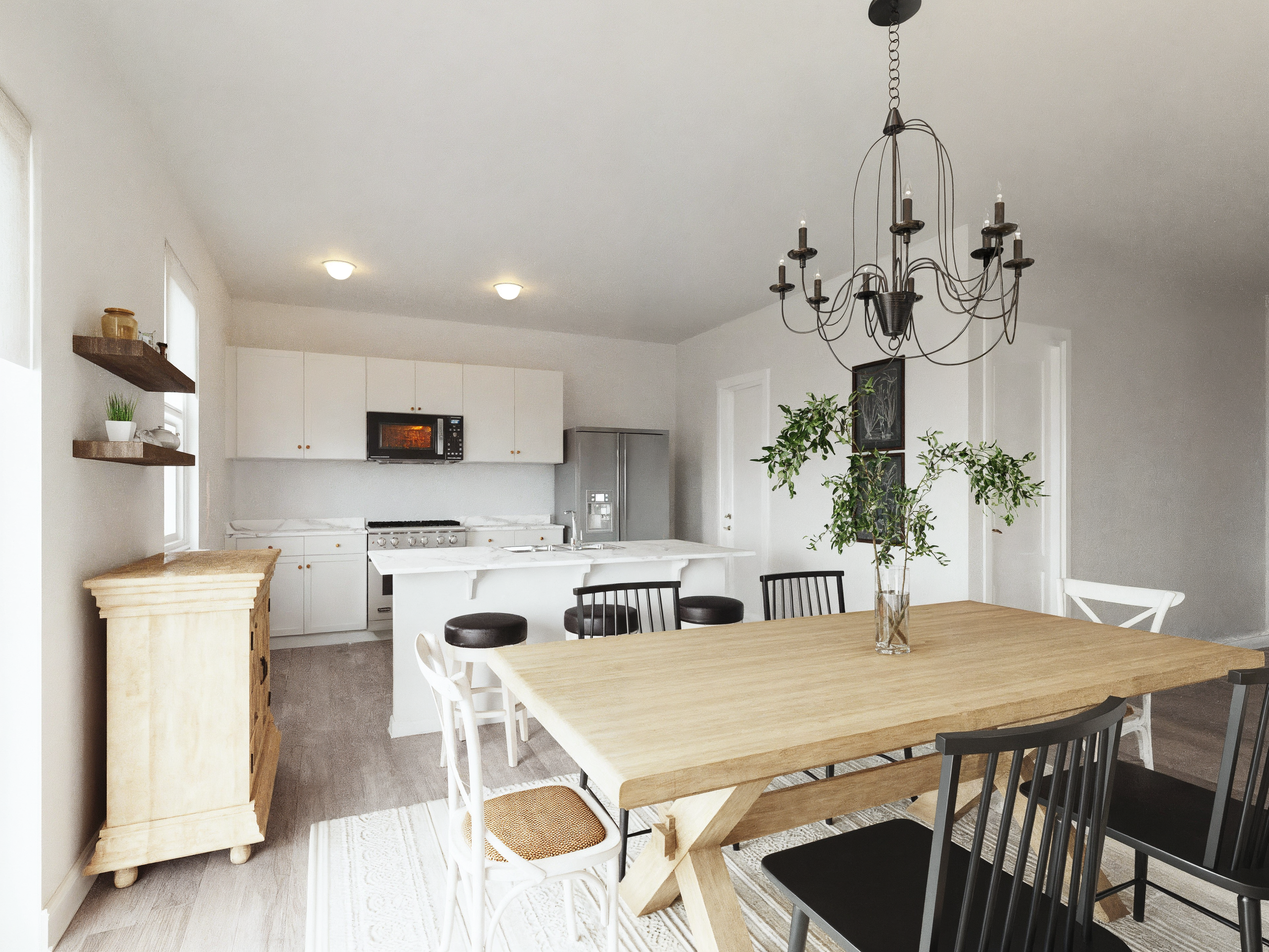 Modern Farmhouse Living & Dining Interior Design Rendering thumb