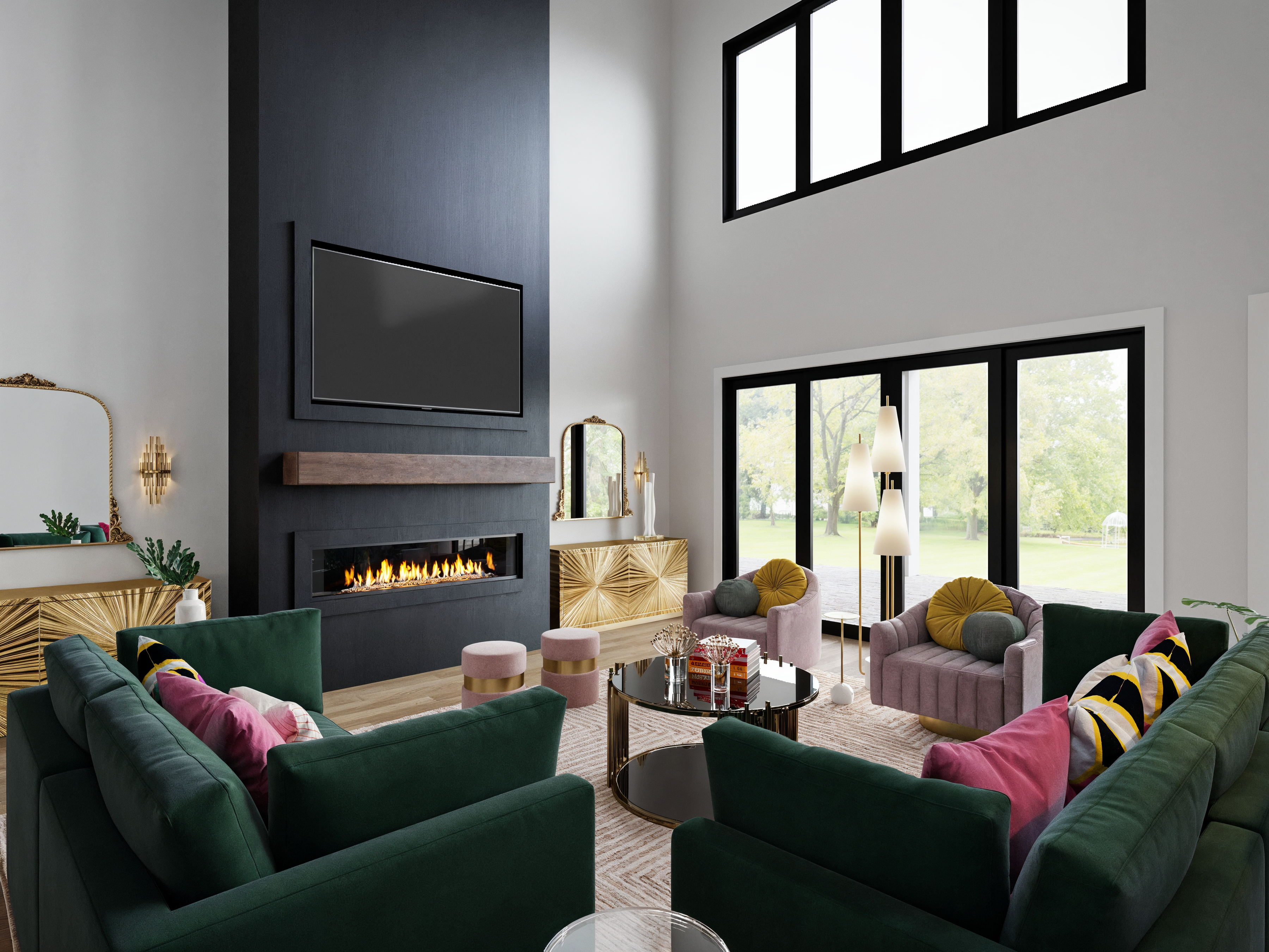 Renderizado de Diseño de Sala de Estar y Comedor Glamuroso