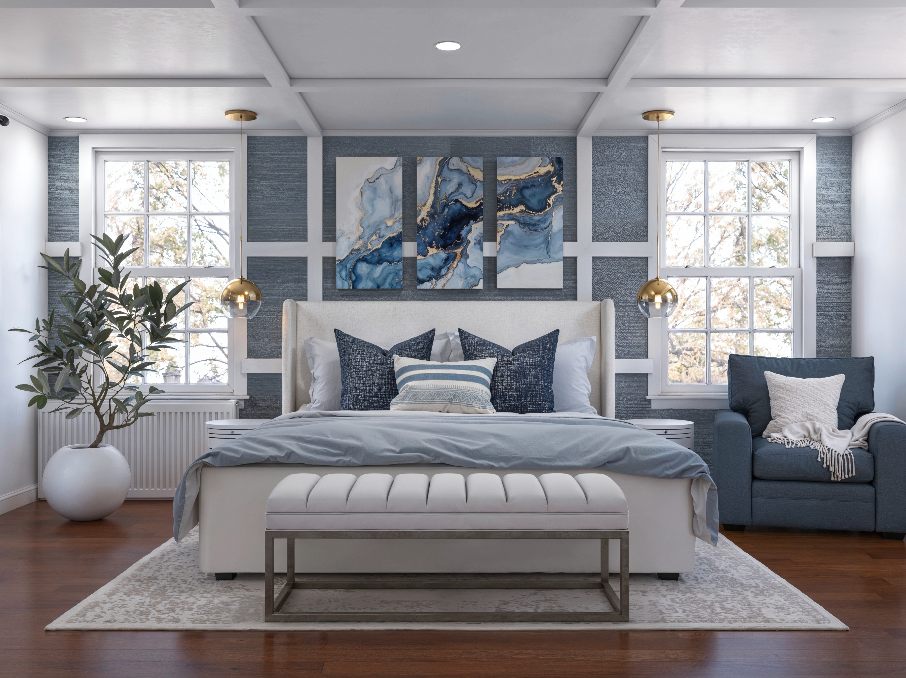 Representación de renovación de dormitorio principal moderno y chic