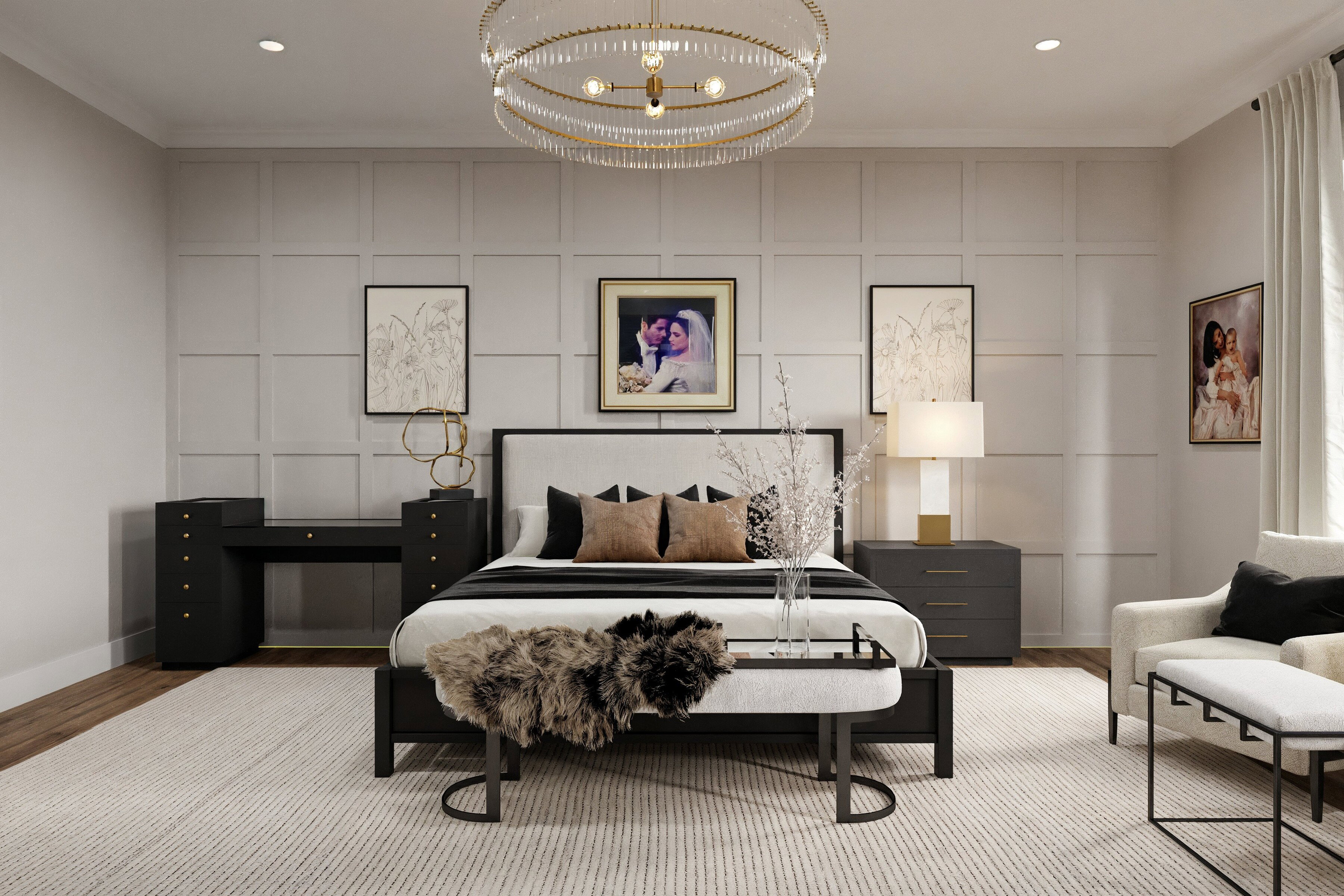 Renderizado de Diseño de Dormitorio Principal Moderno y Sofisticado
