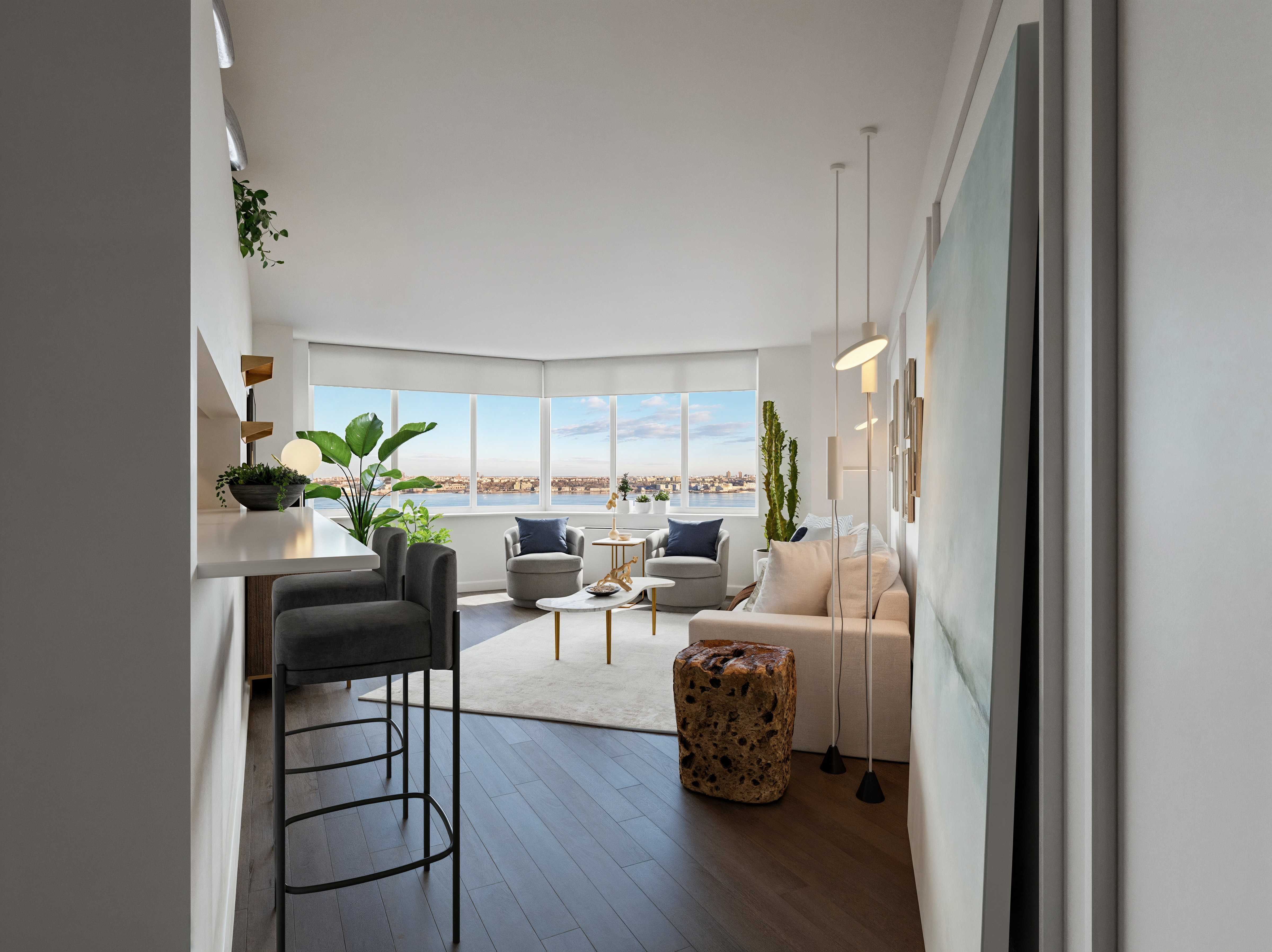 Renderizado de Diseño de Apartamento Tranquilo con Vista al Río