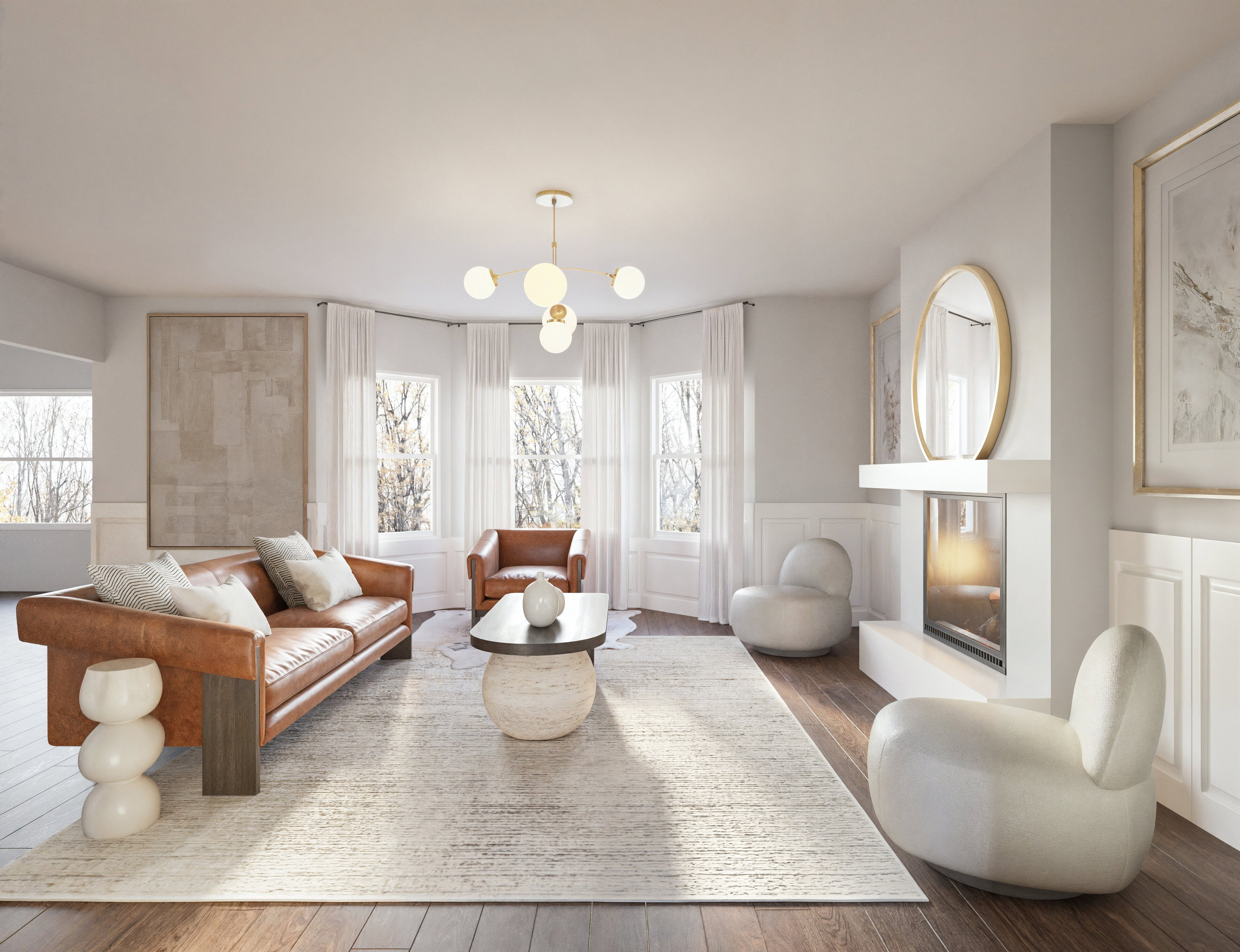 Renderizado de remodelación de sala principal de Glamour Moderno y sótano