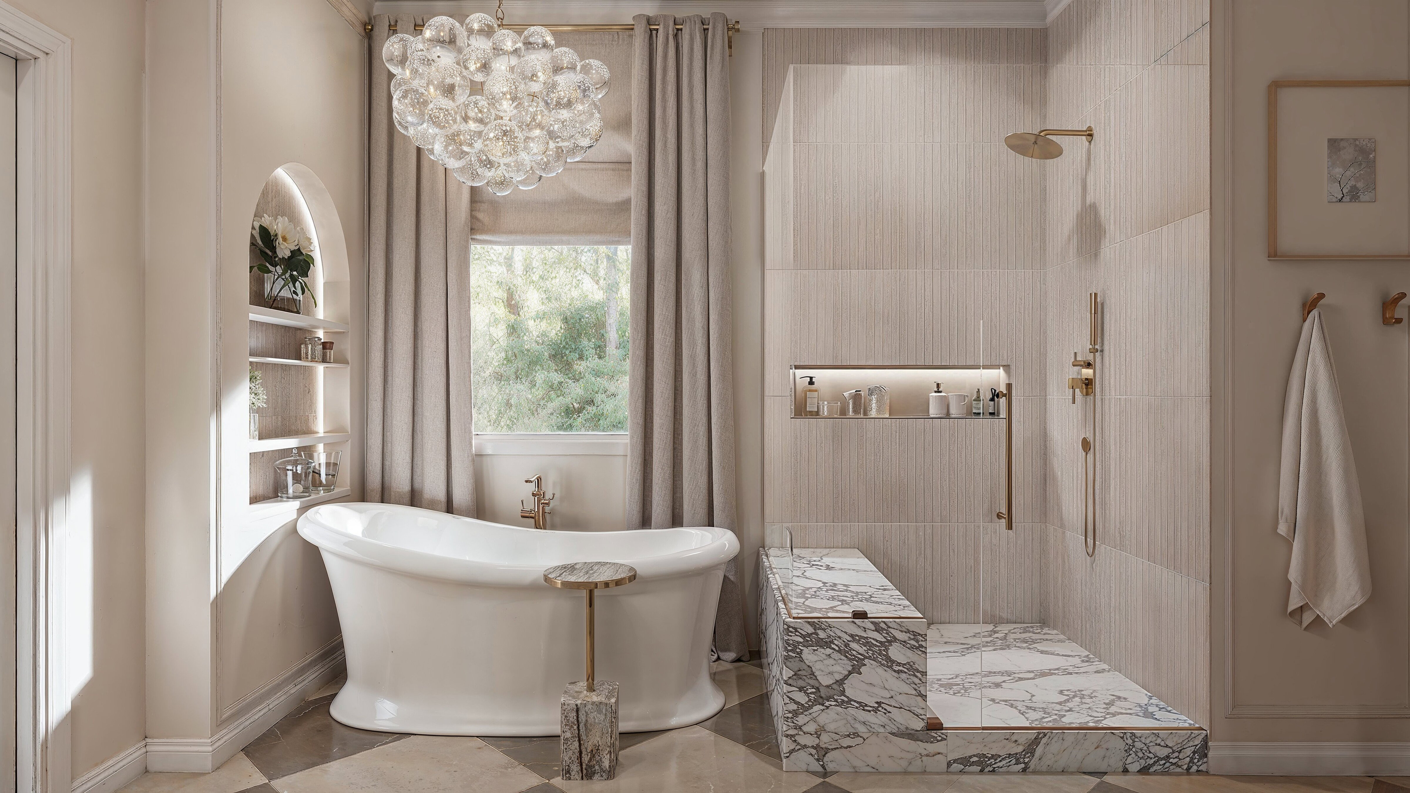 Renderización de diseño de baño inspirado en spa con toques modernos