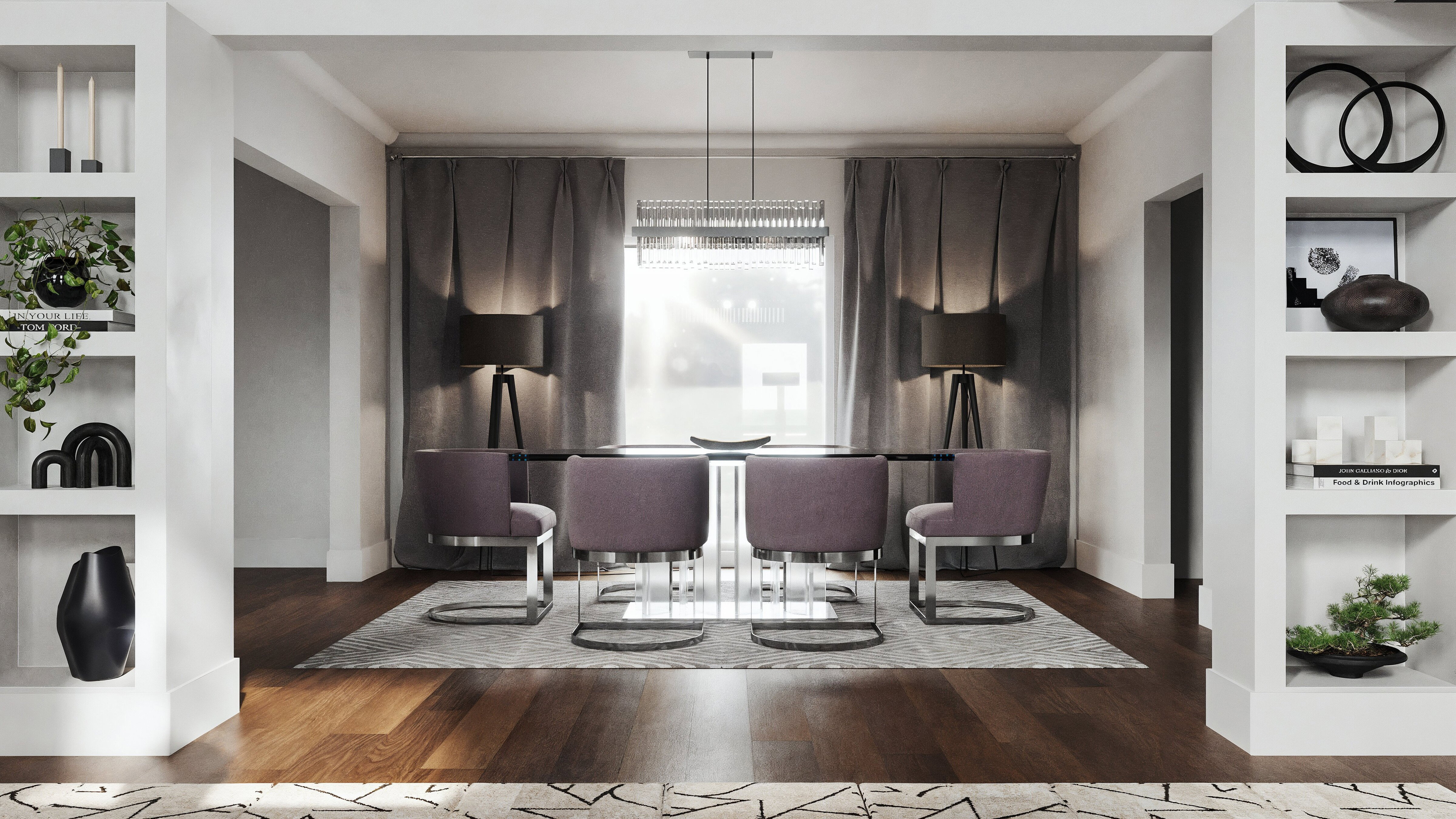 Renderización de Diseño de Sala y Comedor Moderno y Glamuroso