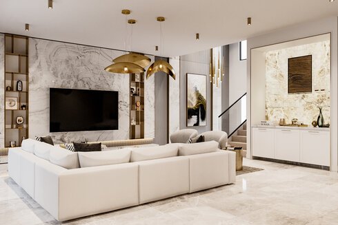 Contemporary White Living Room with Tray Ceiling - Luxe Interiors + Design