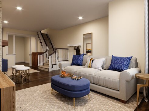 Natural & Navy Transitional Living Room Idea | Decorilla