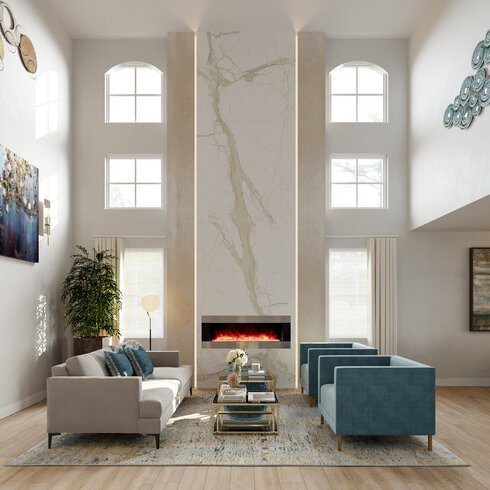 Glam High Ceiling Home With Fireplace, Vaulted Ceiling Fireplace Decor