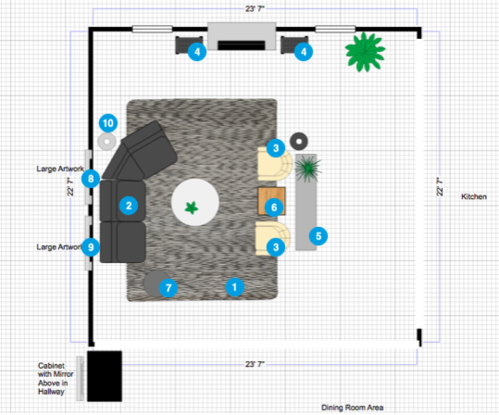 Plano de planta de sala de estar en línea