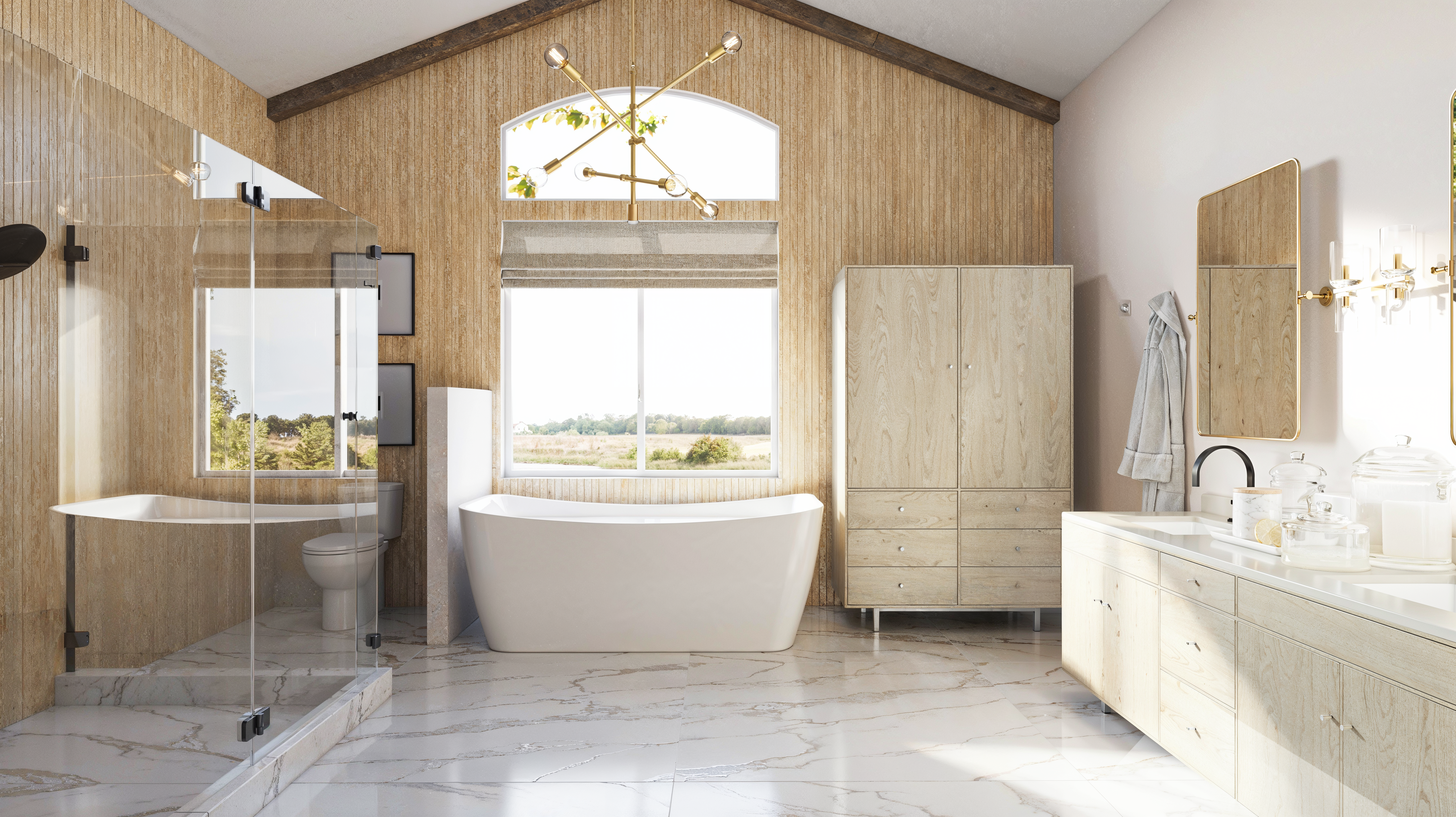 Miniatura de renderizado de diseño de baño principal audaz con paredes de acento