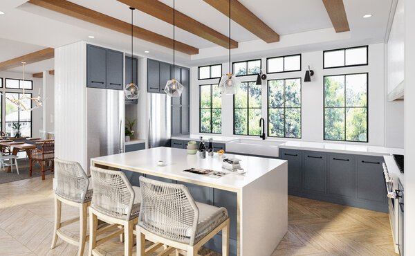 Blue & White Kitchen & Rustic Home Design Rendering