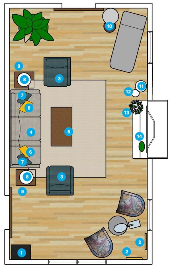 Plano de planta de sala de estar en línea
