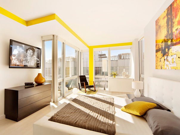 Modern Studio Interior Design White with Yellow Accent Stripe