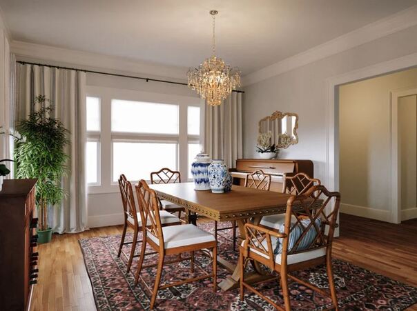 Serene Dining Room with vintage rug