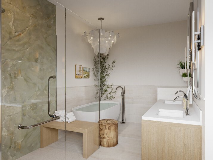 Fresh, Neutral & Comfortable Bathroom Design Rendering thumb