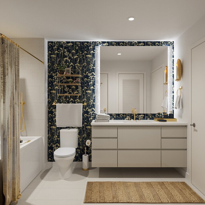 Glam Bathroom with Floral Wallpaper Design Idea Rendering thumb