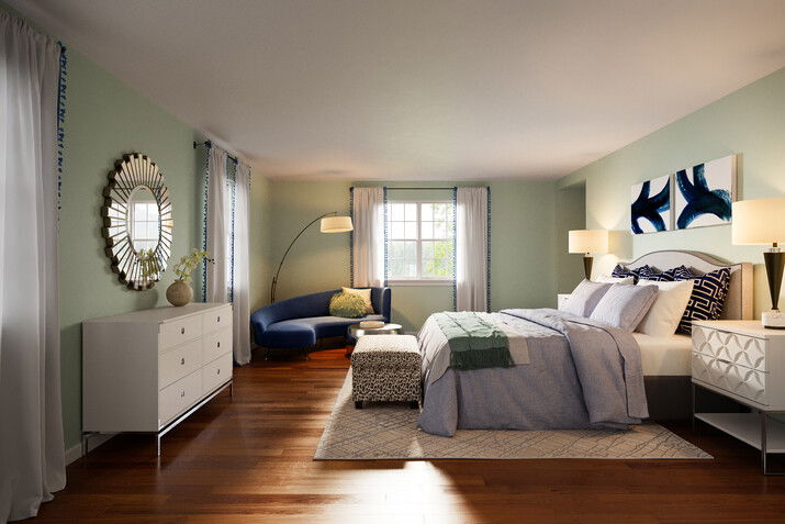Glam Bedroom with Light Green Walls Rendering thumb