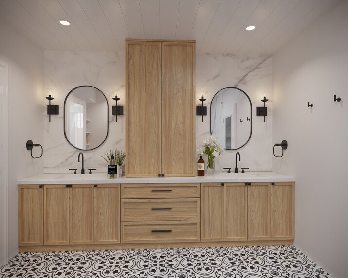 Neutral Bathroom Makeover with Stylish Wood Rendering thumb