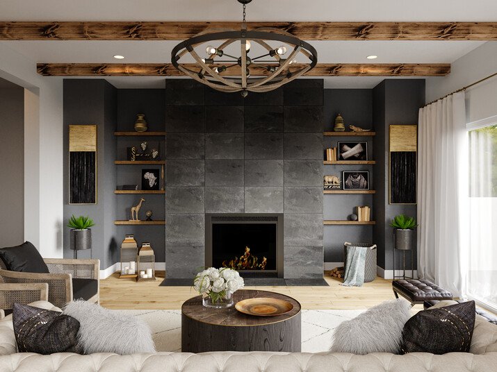 Modern Rustic Living Room Interior Design Rendering thumb