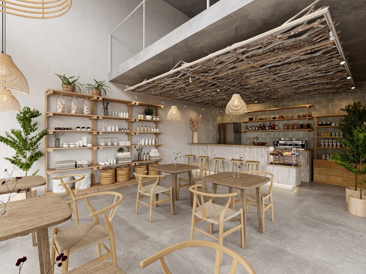 Boho Style Small Cafe Interior Design Rendering thumb