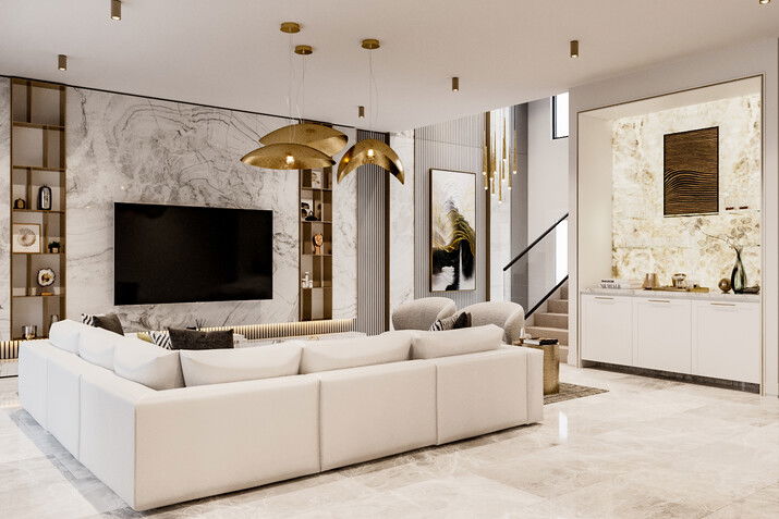 Combined Modern Luxury Living and Dining Room Rendering thumb