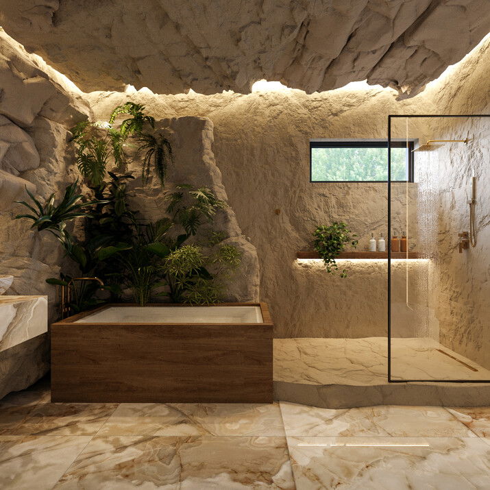 Rocky Jungle Theme Bathroom Rendering thumb