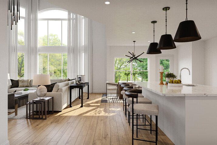 Black and White Living/Dining & Kitchen Design Rendering thumb