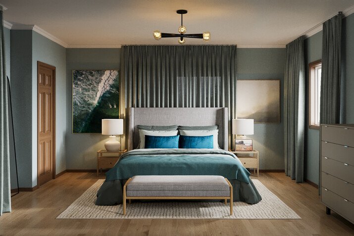 Blue and Green Modern Master Bedroom Design Rendering thumb