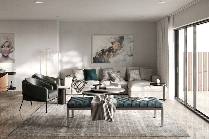Classy Interior Design With Blue Accent Pieces Rendering thumb