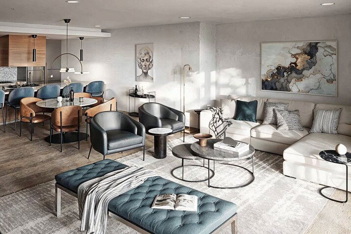 Classy Interior Design With Blue Accent Pieces Rendering thumb