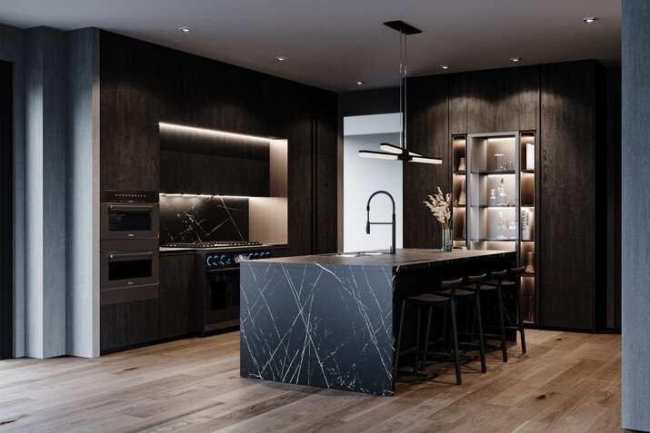All Black Marble Kitchen Design Rendering thumb
